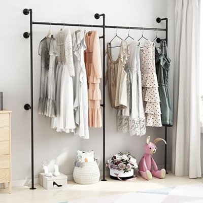 Industrial Wall Mounted Clothing Rack, Heavy Duty Metal Pipe Garment Rack for Hanging Clothes, Space Saving Closet Organizer for Home or Retail, Double Rod, Black