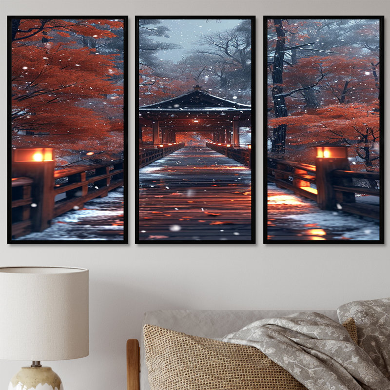 Autumn Pathway To Asian Refuge - ensemble de décorations murales paysage, H 28 po x l 36 po x P 1 po, Cadre flottant noir