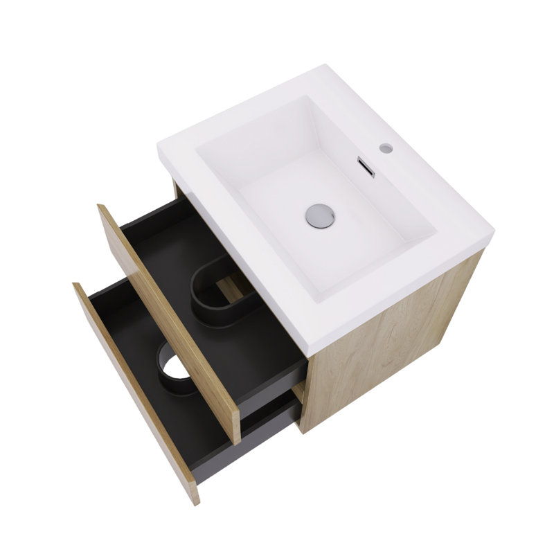 Lavabo de salle de bain mural 24 po à finition flottante noire brillante avec lavabo carré et tiroirs à fermeture en douceur