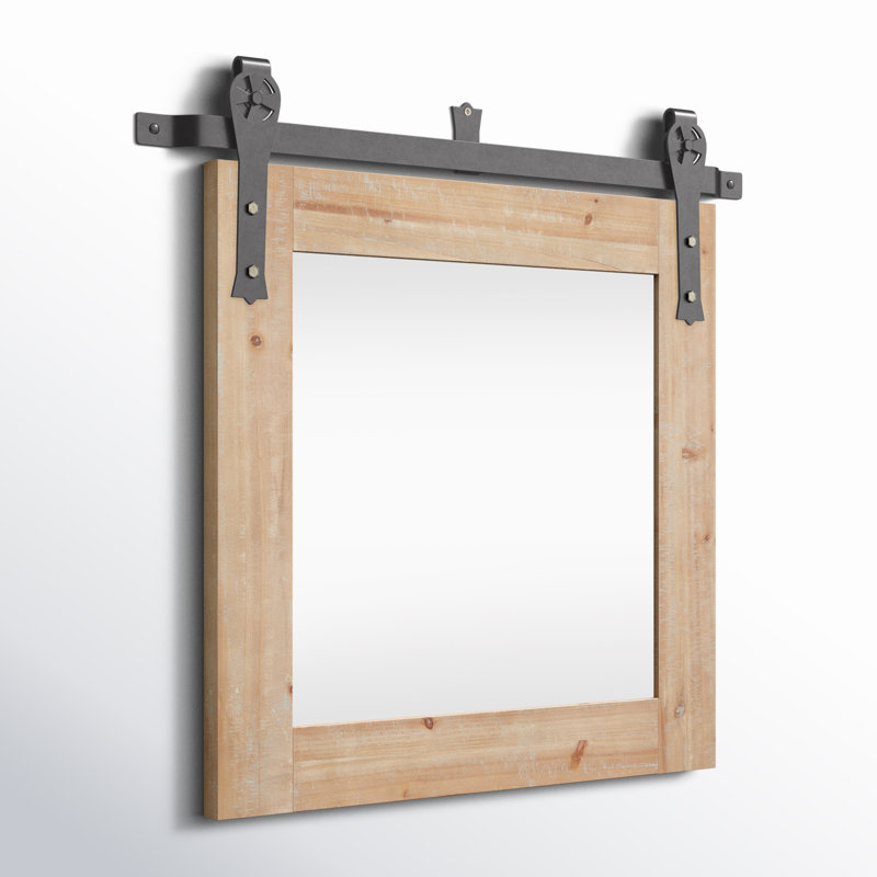 Wood Room Wall Mirror with Black Metal Hanging Rod, 30" x 27"