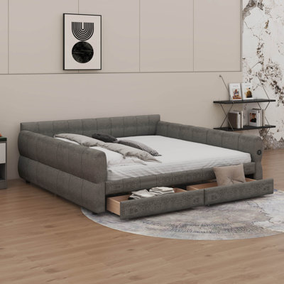 Upholstered Daybed Frame With USB And 2 Drawers, Soft Lambswool Platform Bed