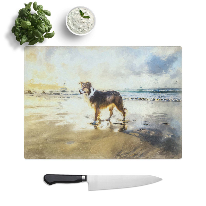 Tempered Glass Border Collie Dog at the Beach Chopping Board, 39 cm W x 28.5 cm L