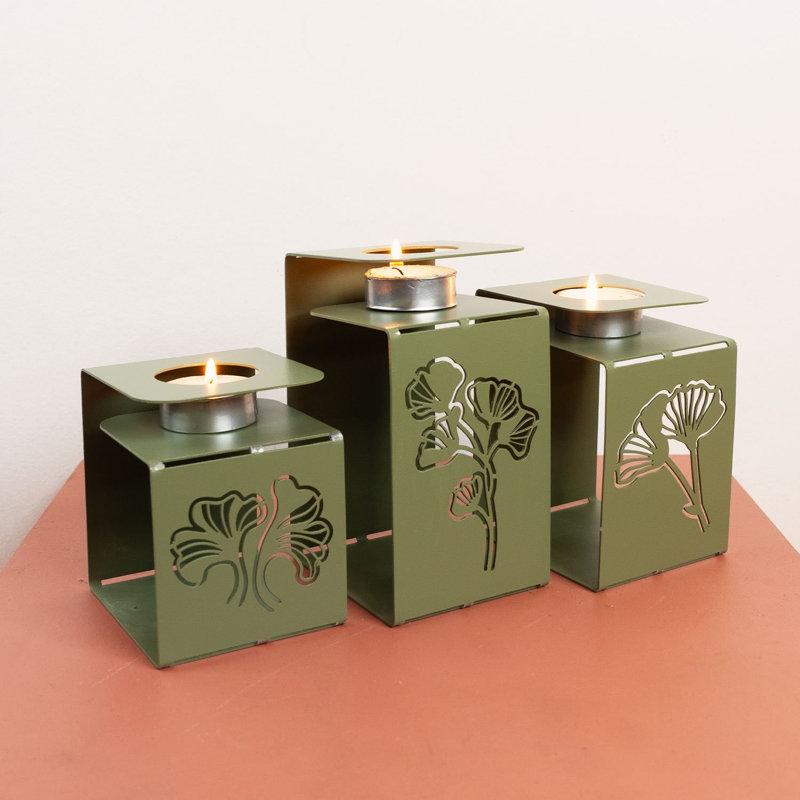 3 Piece Steel Tabletop Candlestick Set, Green