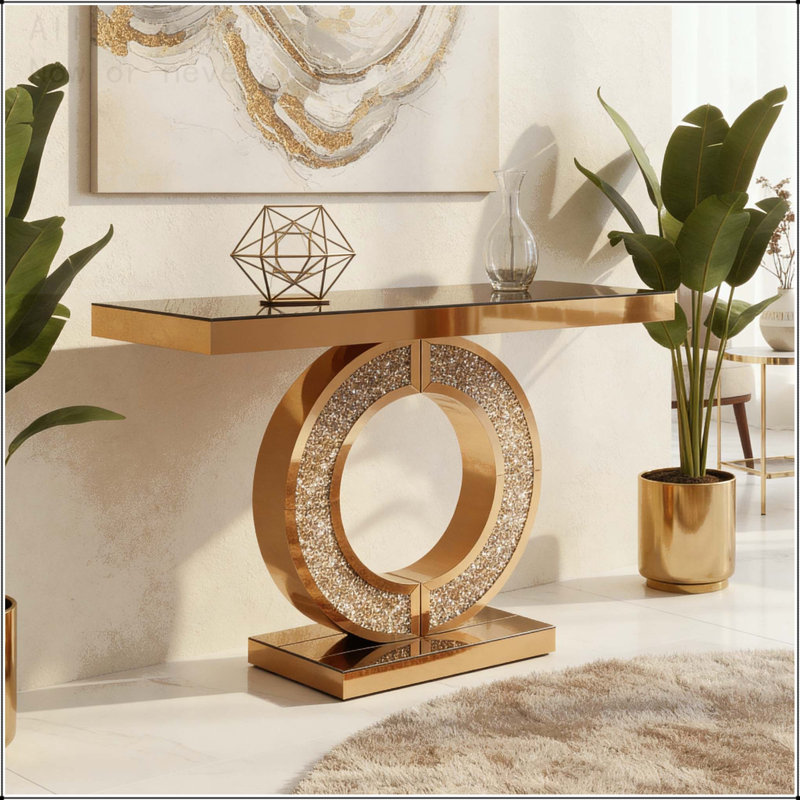 Console à miroir en forme de O avec détails en cristal, Brun
