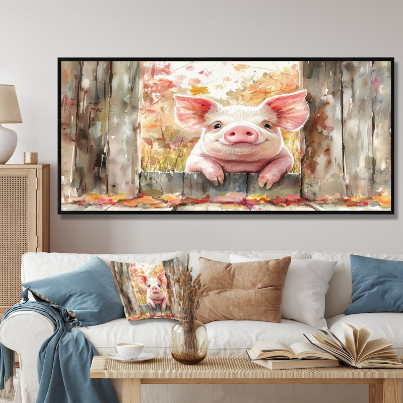 Portrait de cochon à la grange - décoration murale cochon, 24" H x 32" W, White Picture Framed