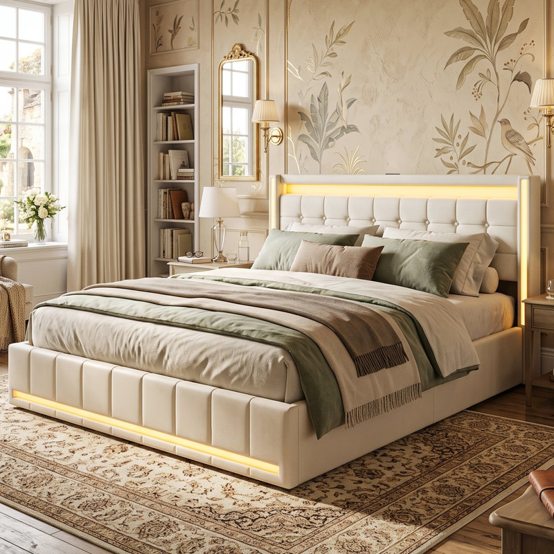 UK&EU Size Smart Linen Bed Frame with App-Controlled LED Lights, Upholstered Storage Bed with 4 Drawers & USB Charging Station, Grey & Beige