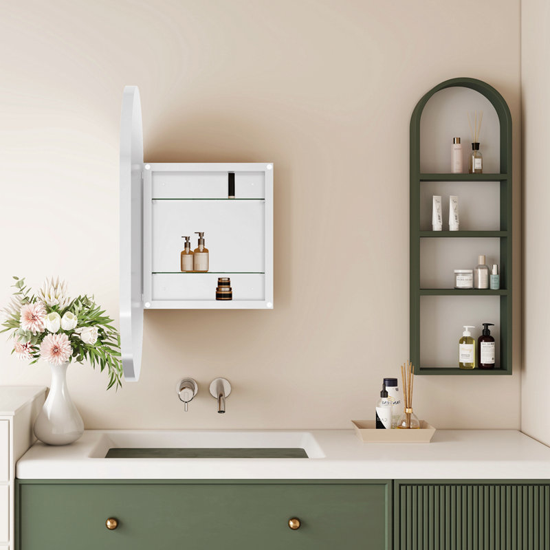 Armoire à pharmacie encastrée ovale 20 po x 34 po, armoire de salle de bain murale en métal avec miroir et tablettes réglables, miroir mural avec rangement pour salle de bain