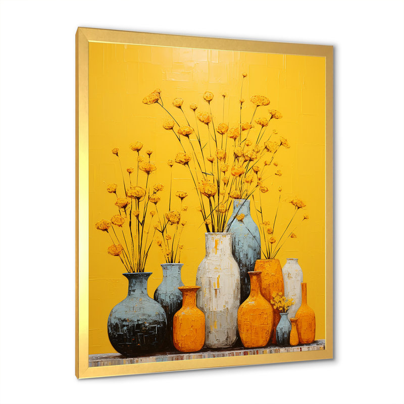 Minimalisme, poteries jaunes sur toile, Cadre doré simple, H 20 po x l 12 po x P 1 po