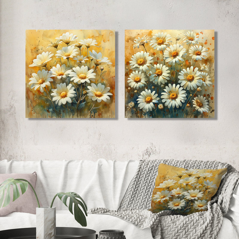 Jaune et blanc, marguerites d'été, fleurs, explosion III - marguerites, art mural - ensemble de 2 décorations murales traditionnelles