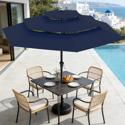 9ft All-Steel 3-Tier Patio Umbrella with Crank Lift System & 6 Sturdy Ribs Waterproof, Patio Table Umbrella Perfect for Poolside, Terrace, Beach and Outdoor Restaurant, Navy