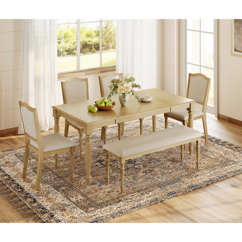 6 Piece Dining Table Set - Includes One Dining Table, 1 Upholstered Bench, 4 Wood Dining Chairs, Farmhouse Dining Set, Oak