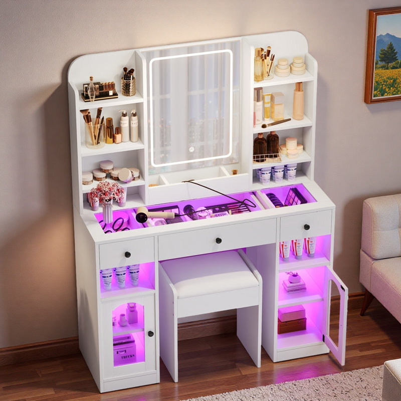 Vanity Desk With Led Mirror, Glass Top, 3 Drawers, Storage Shelves And Stool, White