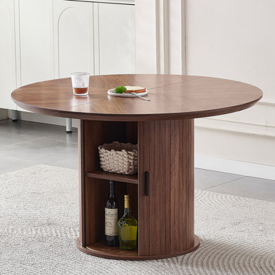 Round Dining Table With Two Layers Of Storage Shelves. Wood Tea Desk, Flexible-Opening Storage Door. Large Storage Space, Living Room Or Kitchen