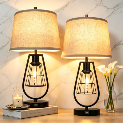  Minimalist Retro Table Lamp, 3-level Dimmable With Usb Charging Port, Dual Led Bulb Design, Linen Lampshade & Heavy Metal Base, Ideal For Living Room, Bedroom & Study (2PCS)