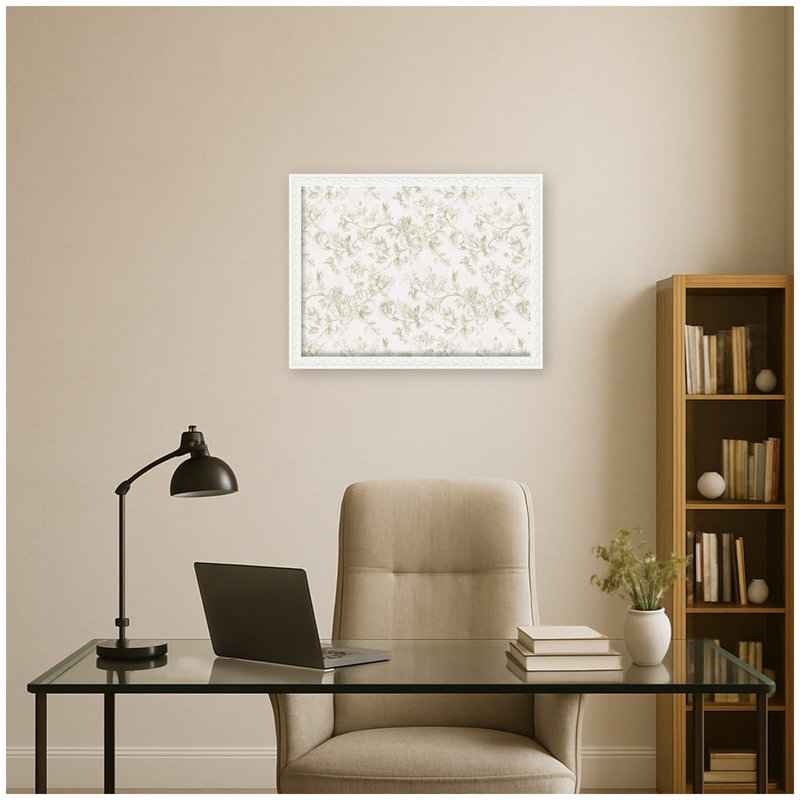 Tableau d'affichage encadré de tissu avec tableau à imprimé floral vert et blanc, H 26 po x l 38 po x P 1 po, Blanc Bethany