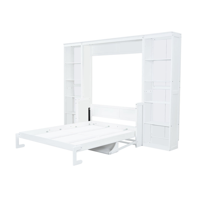 Queen Bed With Desk And Bookshelf, White - Solid Pine Wood & . Space Saving For Bedroom. No Spring Box Needed. Ample Storage Facilities. Foldable Size Book Shelf Trait, Ardent