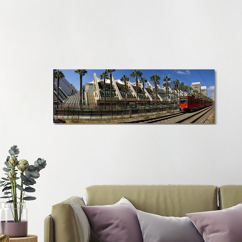 MTS Commuter Train Moving on Tracks, San Diego Convention Center 1 Piece Wrapped Canvas Panoramic Wall Art