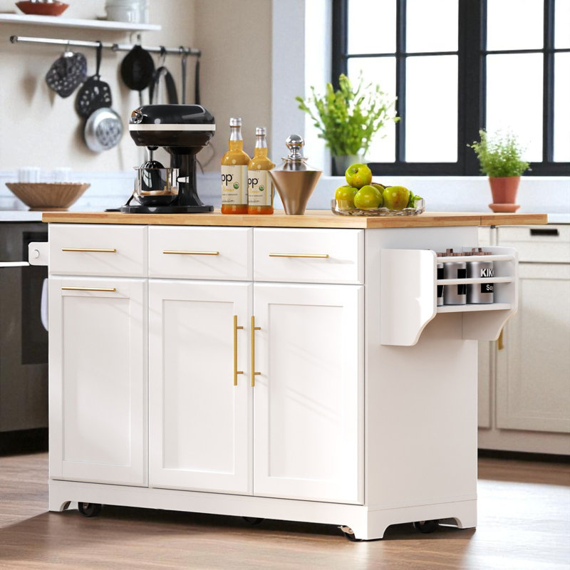 59.3" Wide Kitchen Island With Extendable Tabletop, White