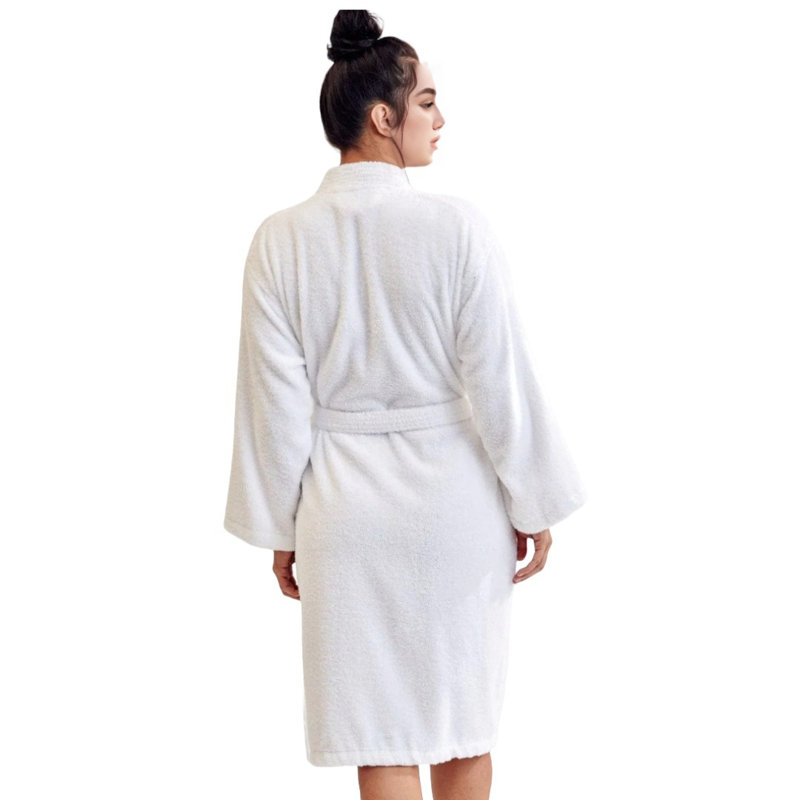 White Cotton Terry Cloth Mid-Calf Bathrobe with Pockets