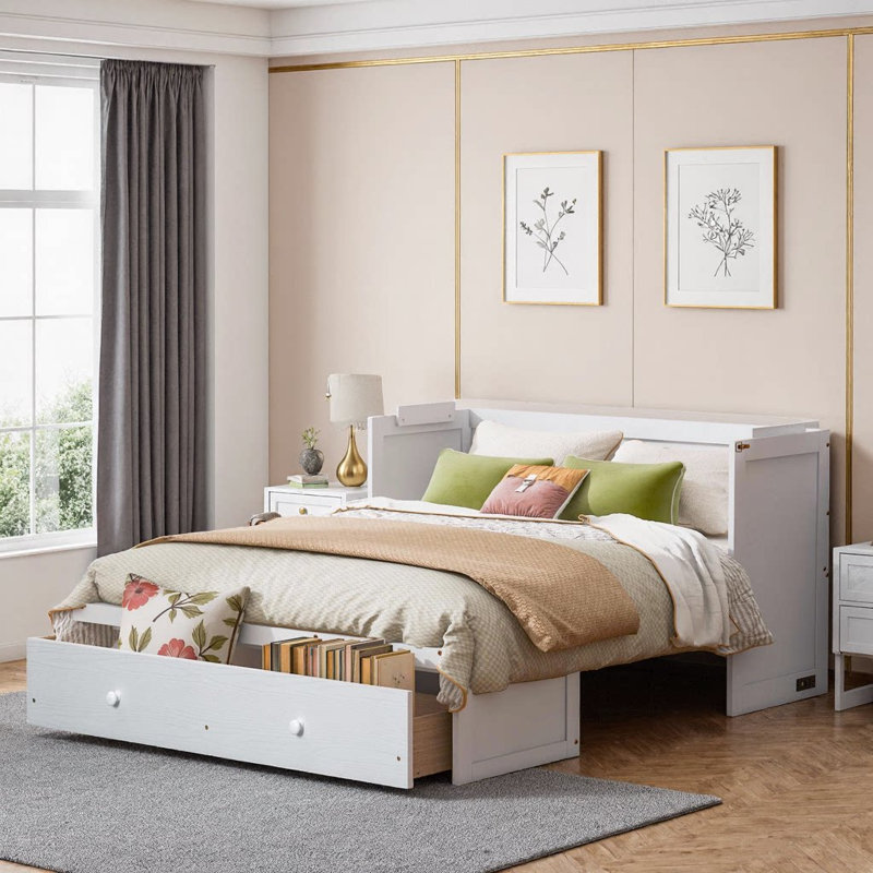 Lit escamotable avec port USB et grand tiroir, Blanc, Queen