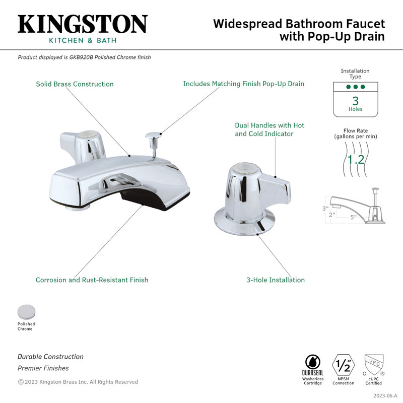 Robinet de salle de bain espacé avec ensemble de drain Americana, Escamotable en laiton