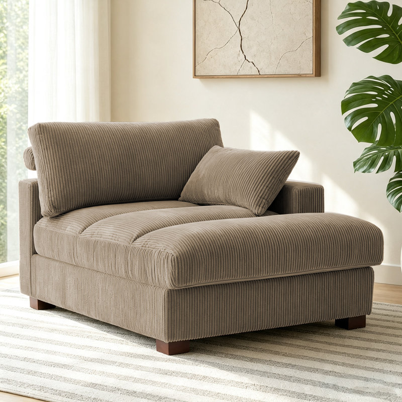 Très grande chaise longue rembourrée en velours côtelé avec accoudoirs et coussins Bentura, Orienté à droite