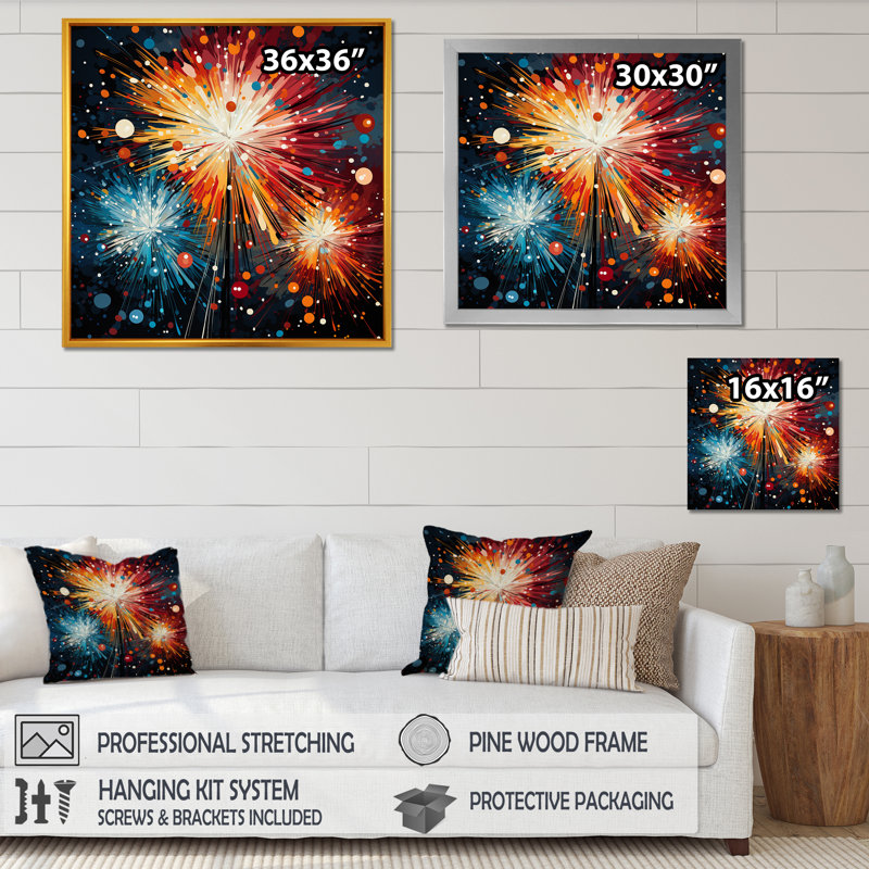 Feux d'artifice colorés symphonie II - art mural, Toile tendue, H 36 po x l 36 po x P 1,5 po