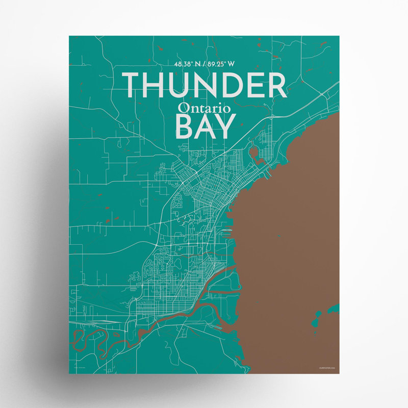 Thunder Bay City Map, impression, H 20 po x l 16 po, Vert / Brun