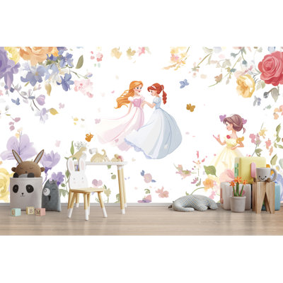Princess Flower Garden Wallpaper – Fairytale Girls In Dresses Wall Mural, Pastel Floral Fantasy Scene, Cute Cartoon Fairies Kids Room