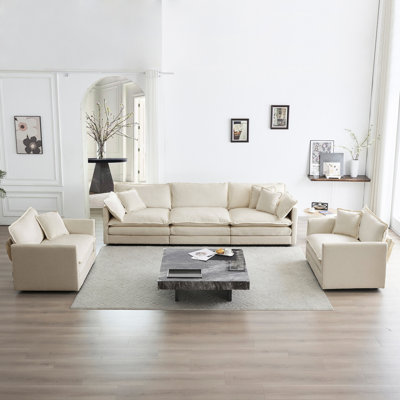 Sofa Set Of 3, 1+1+3 Seats Living Room Sofa Set, Accent Chair, Loveseat, And Three-Seat Sofa Modern Style Round Arms 3 Piece Sofa Set, Beige Chenille