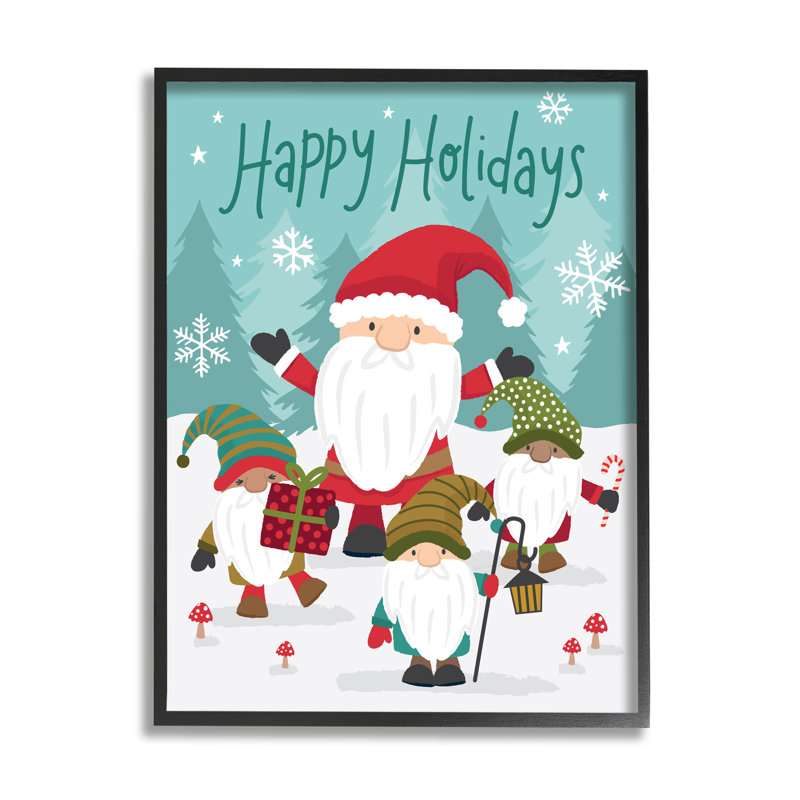 Joyeuses fêtes «Santa Claus Snowy Forest Gnomes» par Lisa Perry White boutons - impression, Giclée encadrée noir minuit
