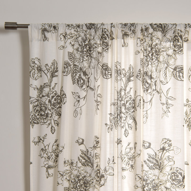 Reamstown Rose & Wildflower 100% Cotton Floral Semi-Sheer Rod Pocket Single Curtain Panel, Gray