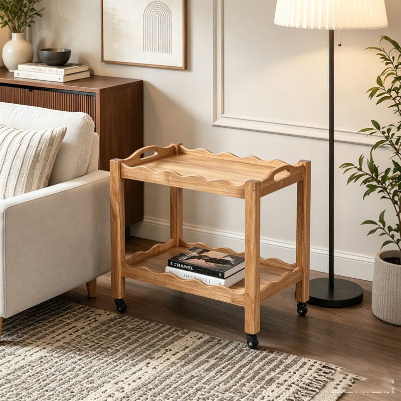 Solid Rubberwood Rolling Side Table, 2-Tier with Lockable Wheels & Removable Tray, Sturdy Durable