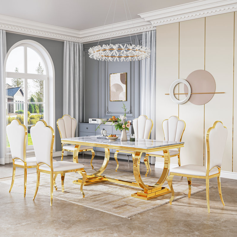  U-Shape Pedestal Dining Set, Faux Marble Tabletop and Petal-Shaped PU Upholstered Chairs, 7 Pieces: Table, 6 Chairs