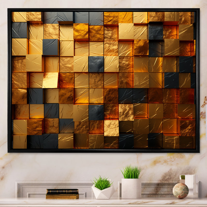 Grunge cubes dorés abstrait géométrique IV - art mural abstrait géométrique, Cadre flottant noir, H 24 po x l 32 po x P 1 po