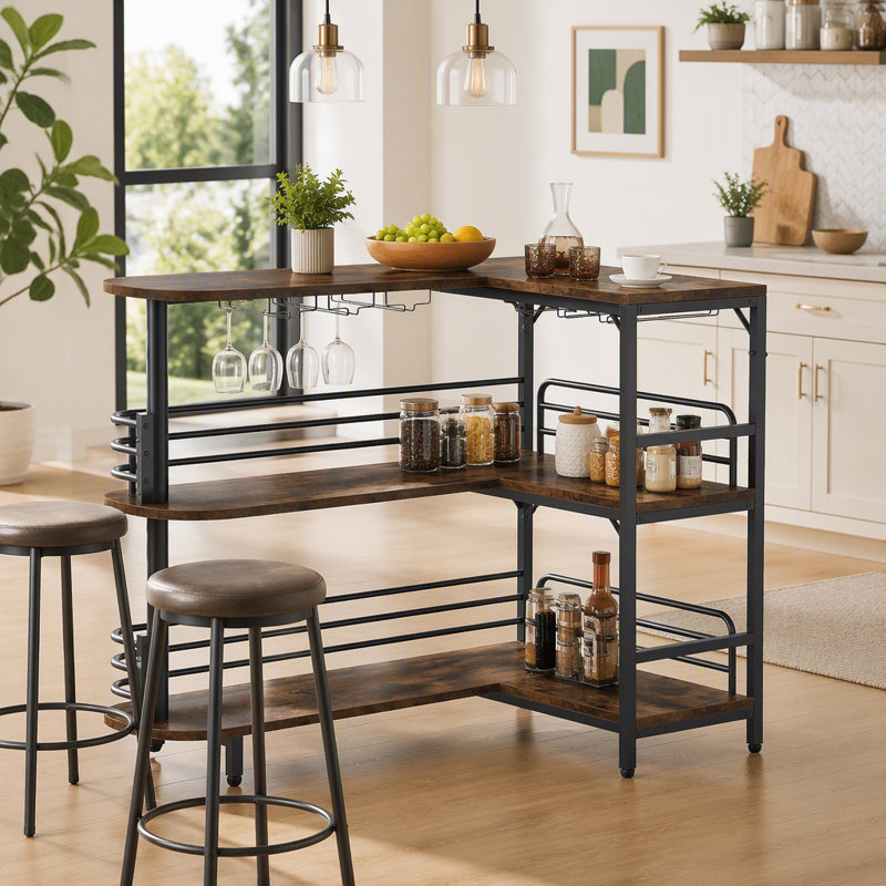 L-Shaped Bar Table with Wine Glasses Holder