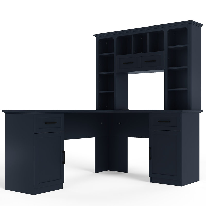 Bureau antique en forme de L bleu avec 2 armoires, tiroirs, 11 tablettes, 1 tablette rabattable et prise de courant pour la détente dans le bureau