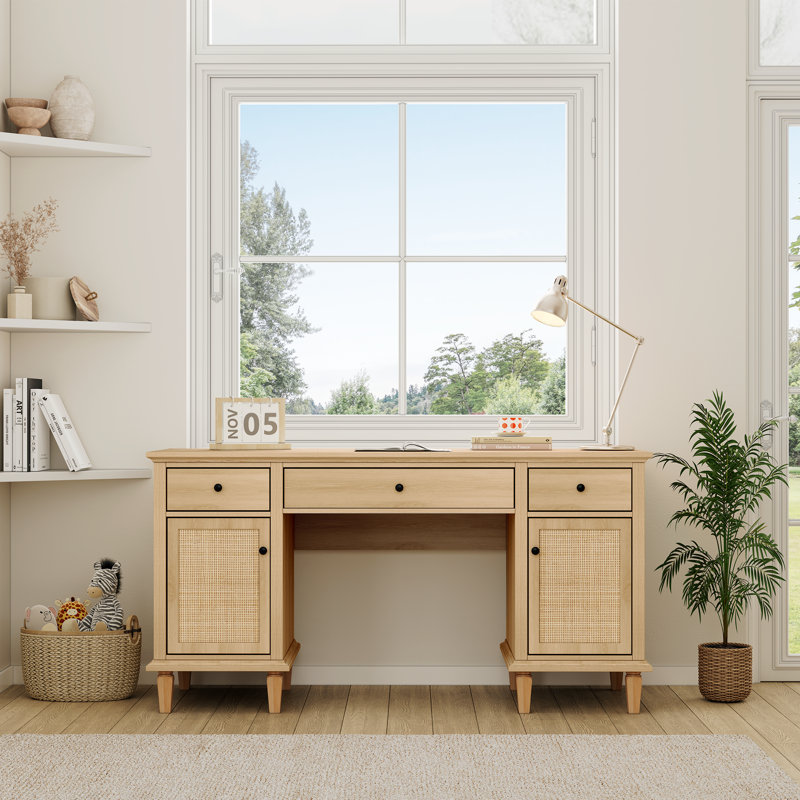 Boho Natural Rattan 58" Modern Executive Desk, Yellow Wood