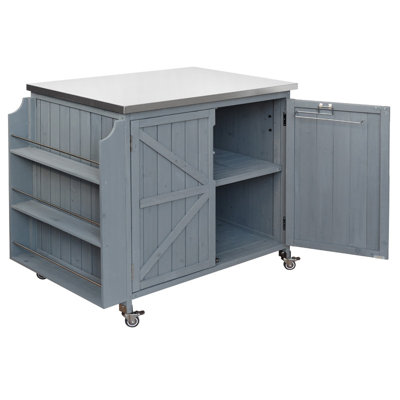 42.1" Outdoor Kitchen Island with Side Shelf, Outdoor Grill Cart with Storage Cabinet, Outdoor Kitchen Cabinet with Stainless Steel Top,  Adjustable Shelf and 4  Wheels for Pizza Prep, Grey Blue