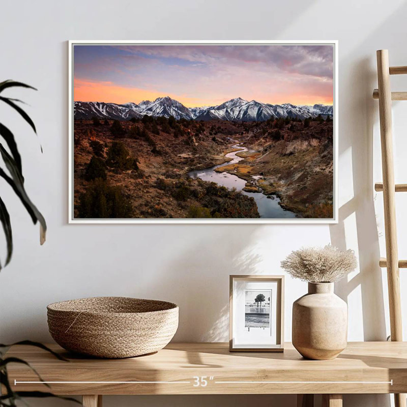 River And Snowy Mountains, 25" X 17", Floating Frame White