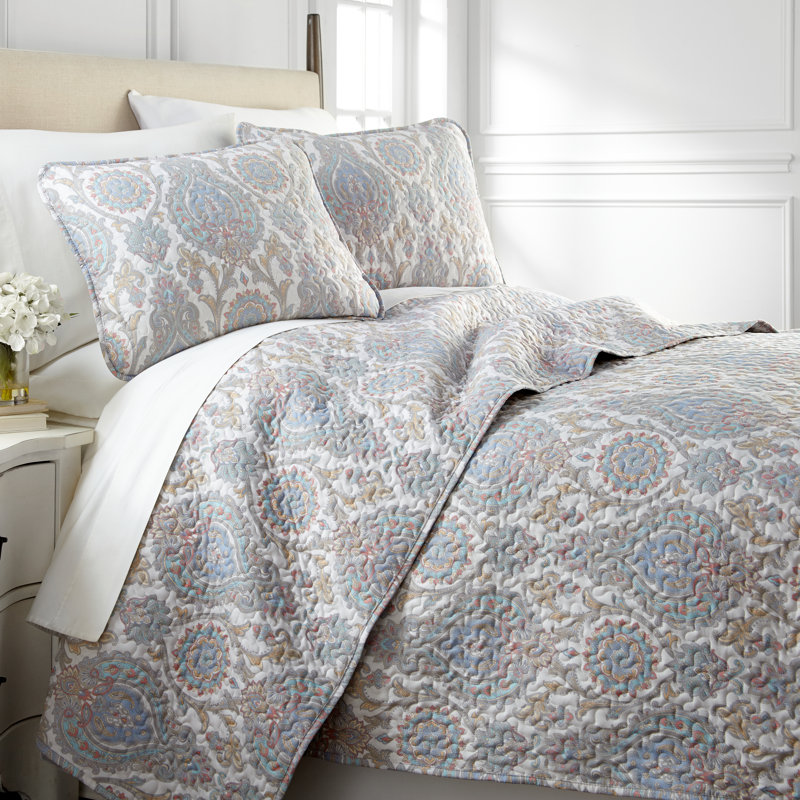 Boho Paisley Collection Microfiber Quilt Set, Aqua, Full/Queen Quilt + 2 Standard Shams