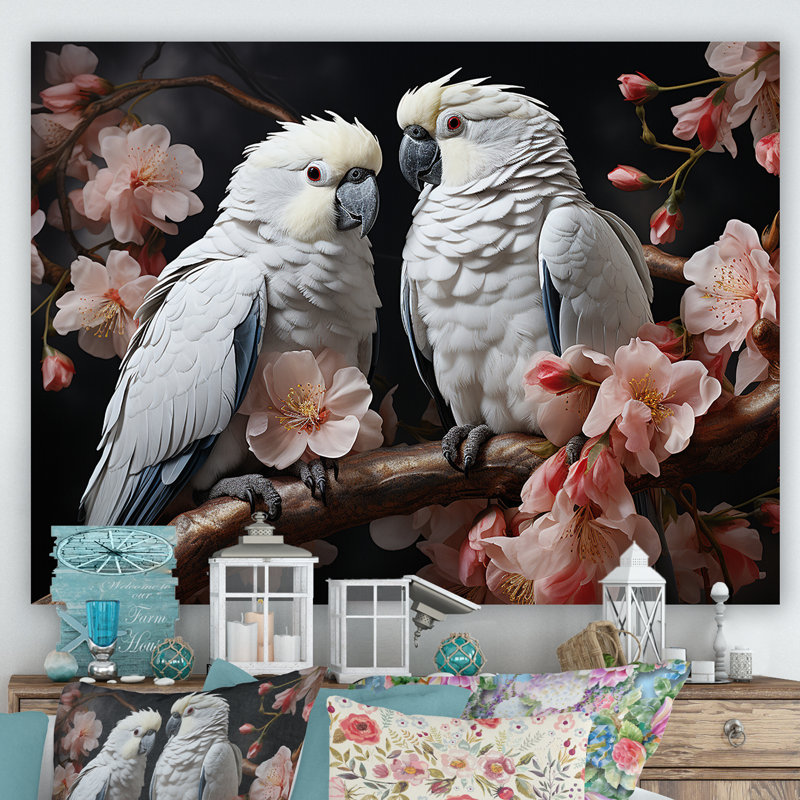 Harmonics de la jungle blanche perroquets, H 34 po x l 44 po x P 1,5 po, Toile tendue