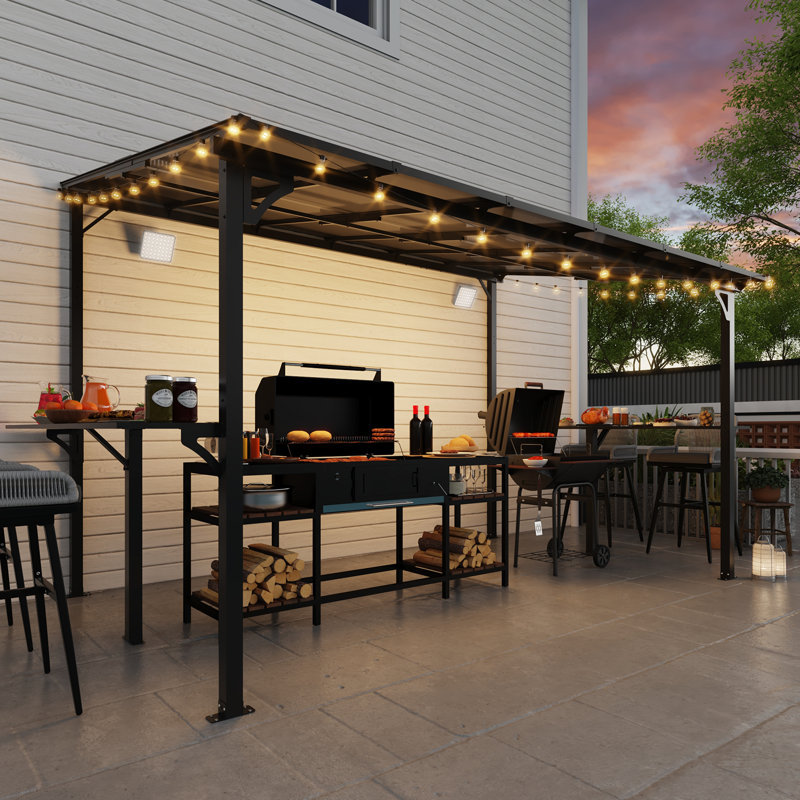 Meissalivve 8' X 12' Wall Mounted Gazebo, Outdoor Bbq Grill Gazebo With Side Shelf, Lean To Metal Awnings With Sloped Roof, Heavy Duty Pergola For Backyard, Deck, Black