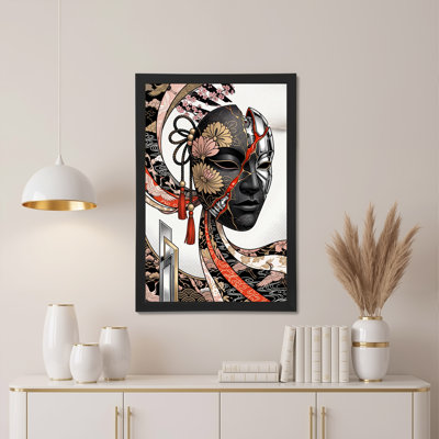 Black Lacquer Mask Split Into Silver Robot With Cherry Blossoms Canvas Wall Art