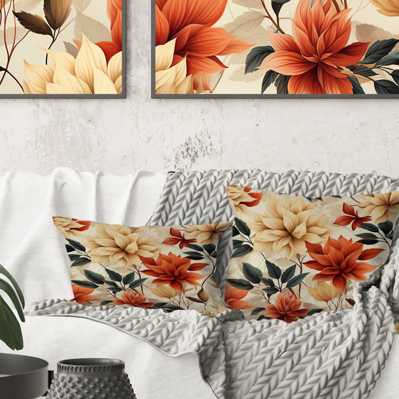 Coussin décoratif en polyester à motif de fleurs d'automne beige et rouge, H 16 po x l 16 po