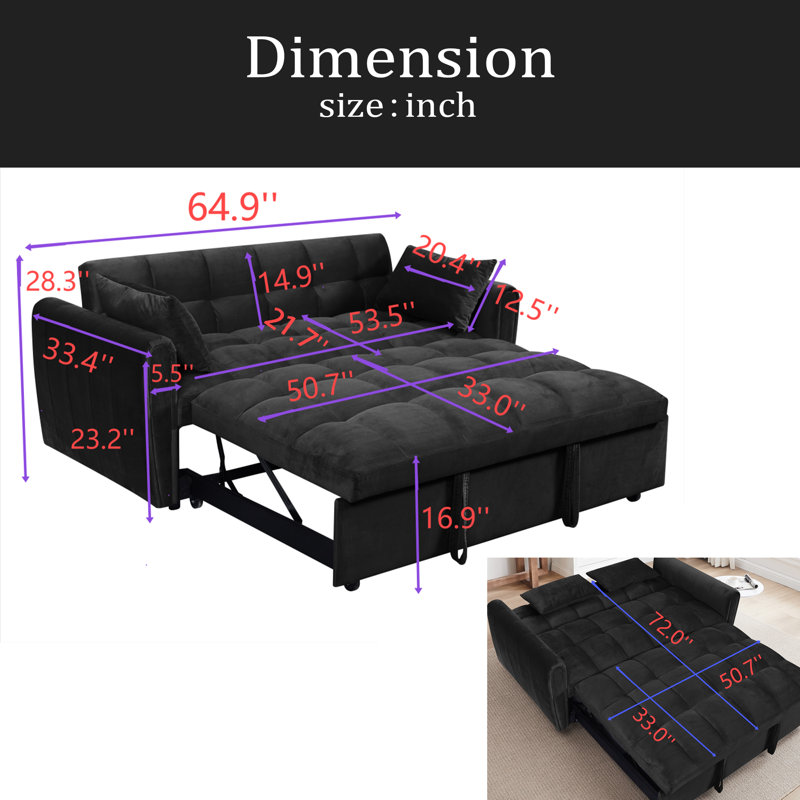 Canapé-lit pliable 65 po 3-en-1 de grande taille, canapé-lit double en velours moderne, canapé-lit avec dossier et coussins réglables, convient au salon et à la chambre à coucher