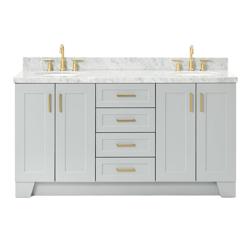 Meuble-lavabo simple en bois massif gris de 67 po avec plateau en marbre de Carrare de 1,5 po Freitas, évier ovale central