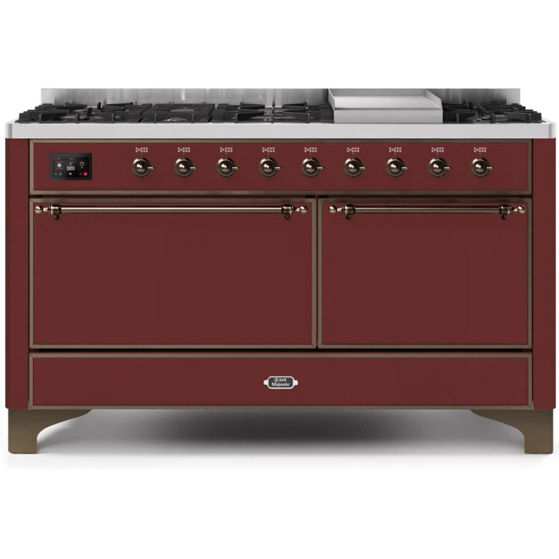 ILVE UM15FDQNS3BKCLP Majestic II 60 inch Dual Fuel Range with 9 Burners, Griddle (Liquid Propane, Solid Door, Glossy Black, Chrome)
