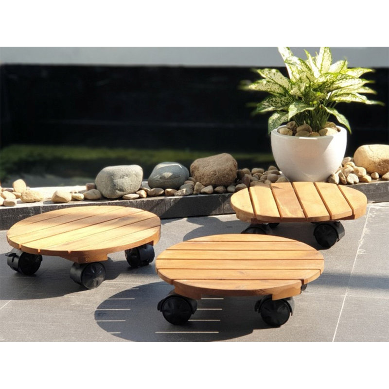 Heavy Duty Movable Plant Pot Caddy FSC 100% Acacia Wood Wheels Caddy - 30cm - Garden Plant
