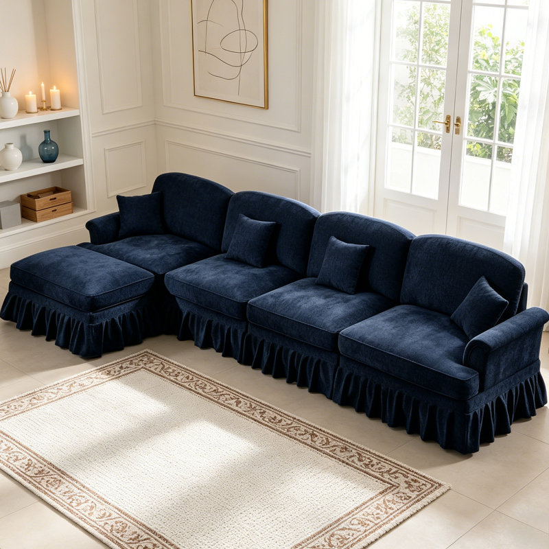 Canapé modulaire classique à trois places en forme de L avec accoudoirs évasés et volants amovibles., Bleu, Oui